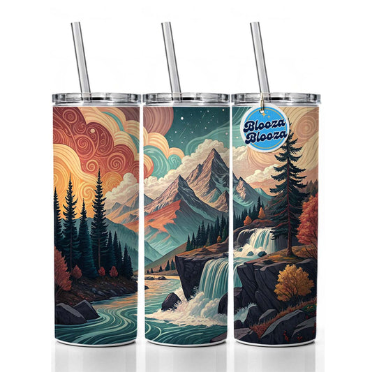 Abstract Mountains Waterfalls Landscape Skinny Tumbler 20oz with Straw Insulated Water Bottle Gift