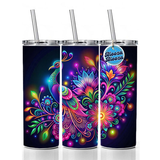Abstract Neon Peacock Floral Design Skinny Tumbler 20oz with Straw Insulated Water Bottle Gift