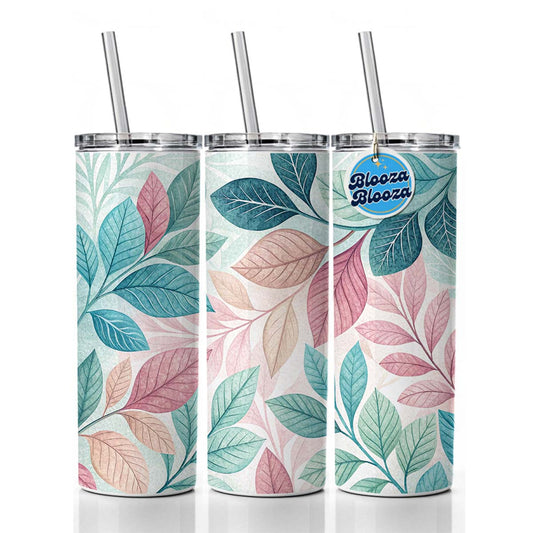 Abstract Pastel Floral Leaves Design Skinny Tumbler 20oz with Straw Insulated Water Bottle Gift