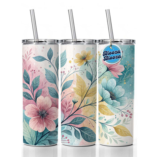 Abstract Pastel Flowers Leaves Design Skinny Tumbler 20oz with Straw Insulated Water Bottle Gift