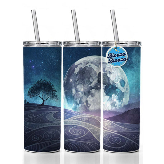 Abstract Purple Blue Moon Landscape Skinny Tumbler 20oz with Straw Insulated Water Bottle Gift