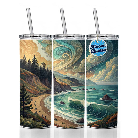 Abstract Shore Ocean Waves Landscape Skinny Tumbler 20oz with Straw Insulated Water Bottle Gift