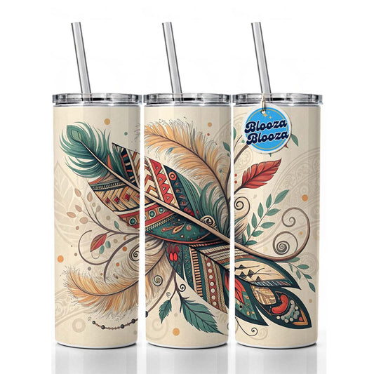 Abstract Southwestern Feather Leaf Design Skinny Tumbler 20oz with Straw Insulated Water Bottle Gift