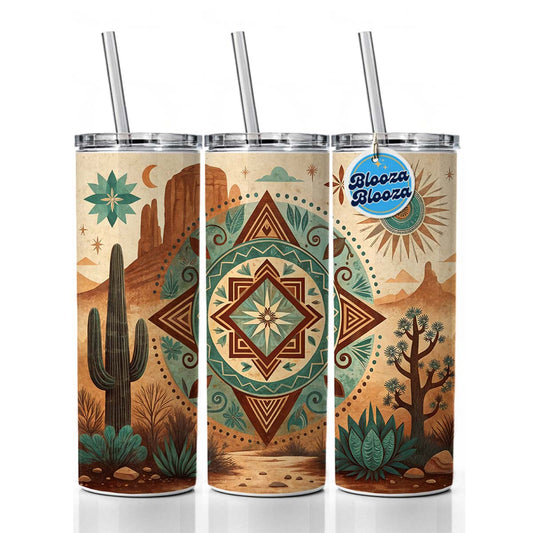 Abstract Southwestern Teal Brown Desert Design Skinny Tumbler 20oz with Straw Insulated Water Bottle Gift