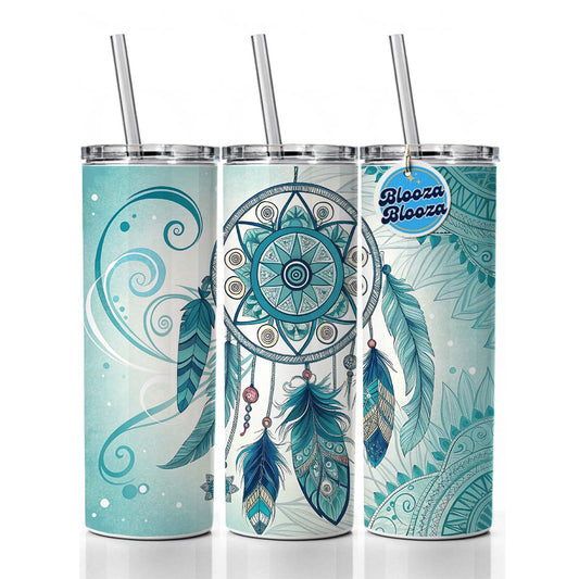 Abstract Teal Blue Dream Catcher Southwestern Design Skinny Tumbler 20oz with Straw Insulated Water Bottle Gift