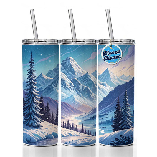 Abstract Winter Blue Purple Mountains Landscape Skinny Tumbler 20oz with Straw Insulated Water Bottle Gift