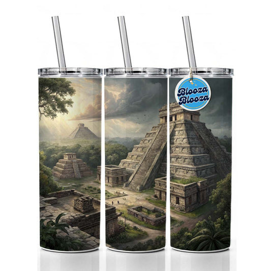 Ancient Maya Temples Step Pyramids Skinny Tumbler 20oz with Straw Insulated Water Bottle Gift