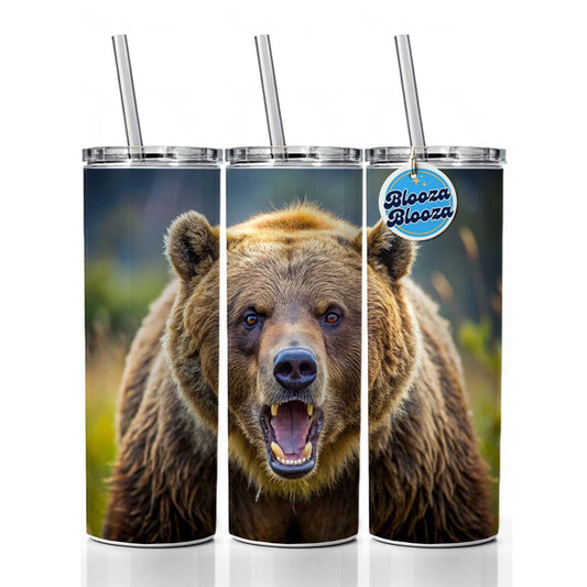 Angry Grizzly Bear Charging Skinny Tumbler 20oz with Straw Insulated Water Bottle Gift