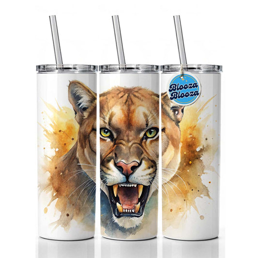 Angry Mountain Lion Cougar Watercolor Skinny Tumbler 20oz with Straw Insulated Water Bottle Gift
