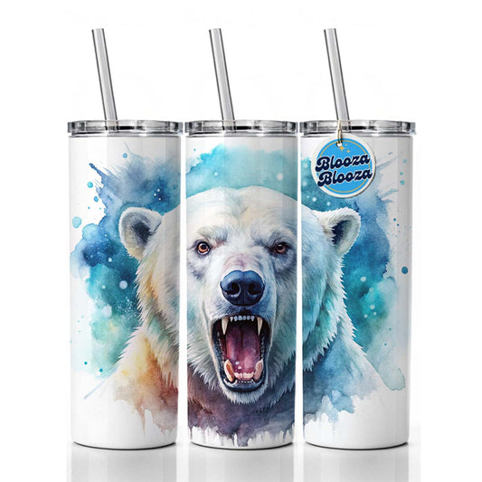 Angry Polar Bear Watercolor Skinny Tumbler 20oz with Straw Insulated Water Bottle Gift