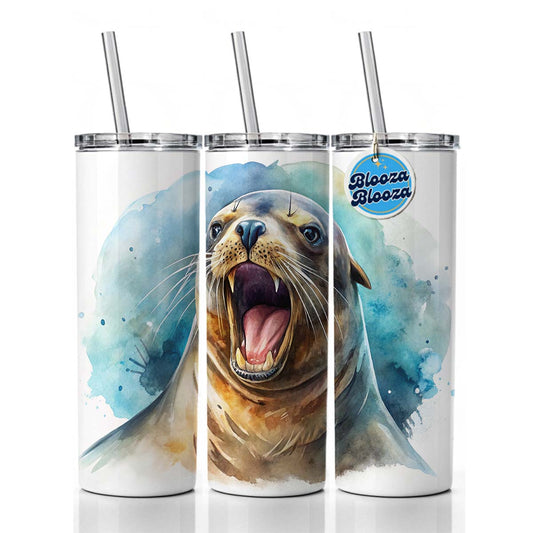 Angry Sea Lion Watercolor Skinny Tumbler 20oz with Straw Insulated Water Bottle Gift