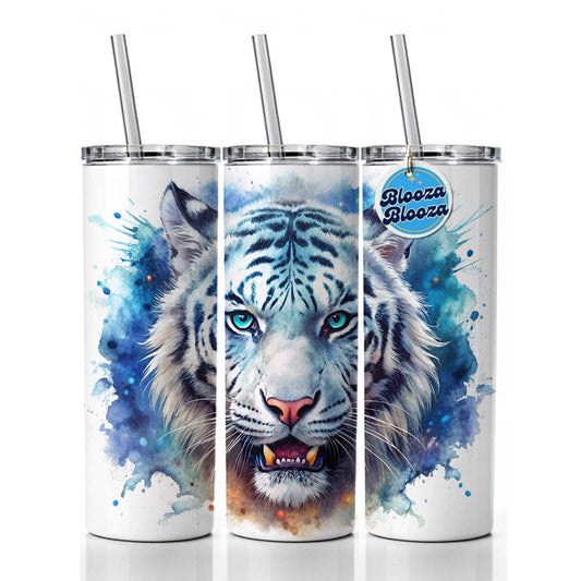 Angry White Tiger Watercolor Skinny Tumbler 20oz with Straw Insulated Water Bottle Gift