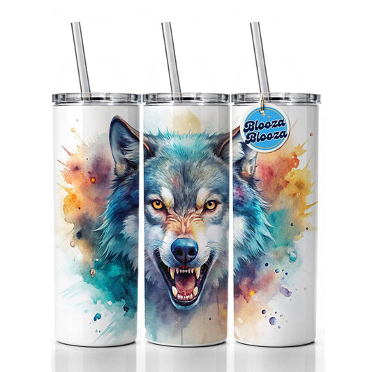 Angry Wolf Watercolor Skinny Tumbler 20oz with Straw Insulated Water Bottle Gift