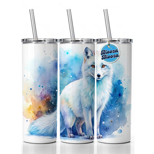 Arctic Fox Watercolor Skinny Tumbler 20oz with Straw Insulated Water Bottle Gift