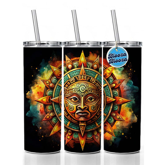 Aztec Sun God Symbol Watercolor Skinny Tumbler 20oz with Straw Insulated Water Bottle Gift