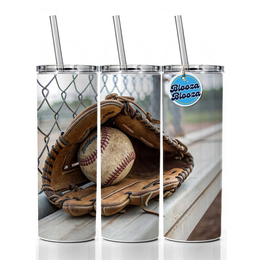 Baseball Glove With Baseball on Dugout Bench Skinny Tumbler 20oz with Straw Insulated Water Bottle Gift