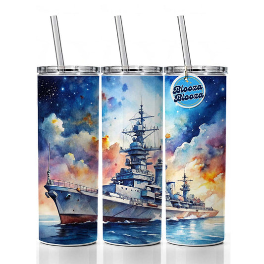 Battleship Under Fantasy Sky Watercolor Skinny Tumbler 20oz with Straw Insulated Water Bottle Gift