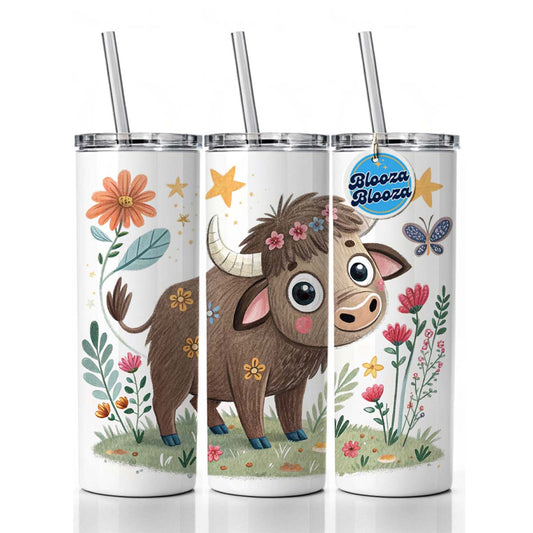 Bison Buffalo Children's Illustration Style Skinny Tumbler 20oz with Straw Insulated Water Bottle Gift
