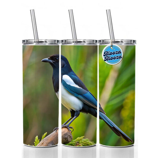 Black Billed Magpie Backyard Bird Skinny Tumbler 20oz with Straw Insulated Water Bottle Gift