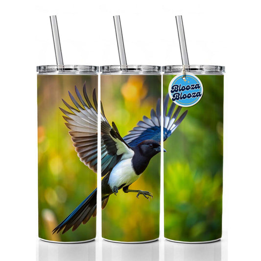 Black Billed Magpie Flying Backyard Bird Skinny Tumbler 20oz with Straw Insulated Water Bottle Gift