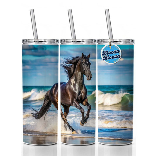 Black Horse Stallion Galloping On The Beach Skinny Tumbler 20oz with Straw Insulated Water Bottle Gift