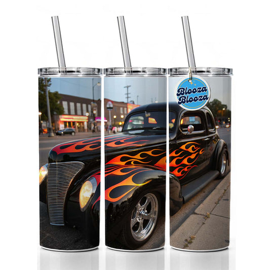 Black Hot Rod Classic Car With Flames Skinny Tumbler 20oz with Straw Insulated Water Bottle Gift