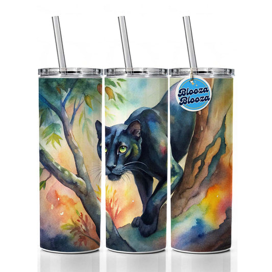 Black Panther Stalking Prey Watercolor Skinny Tumbler 20oz with Straw Insulated Water Bottle Gift