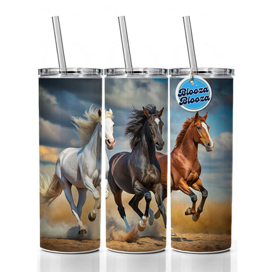 Black White and Brown Horses Galloping Skinny Tumbler 20oz with Straw Insulated Water Bottle Gift