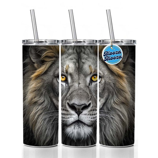 Black White Lion's Face with Gold Eyes Skinny Tumbler 20oz with Straw Insulated Water Bottle Gift