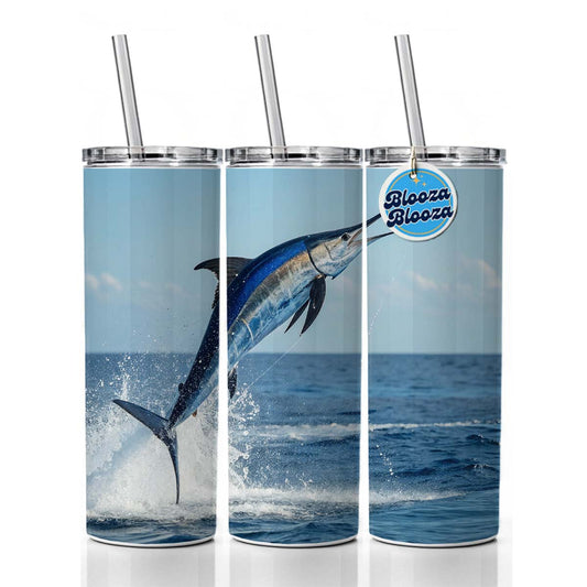 Blue Marlin Fish Leaping Out Of Water Skinny Tumbler 20oz with Straw Insulated Water Bottle Gift