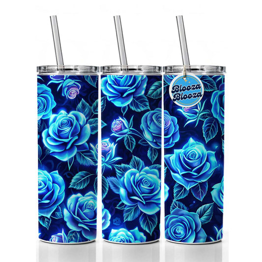 Blue Neon Rose Floral Pattern Skinny Tumbler 20oz with Straw Insulated Water Bottle Gift