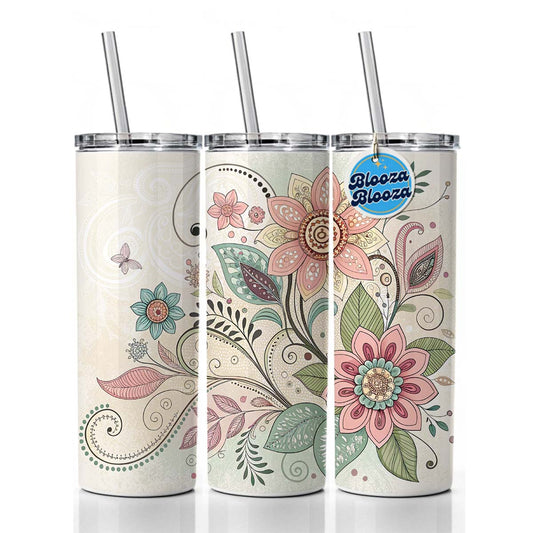 Boho Floral Flowers Leaves Skinny Tumbler 20oz with Straw Insulated Water Bottle Gift