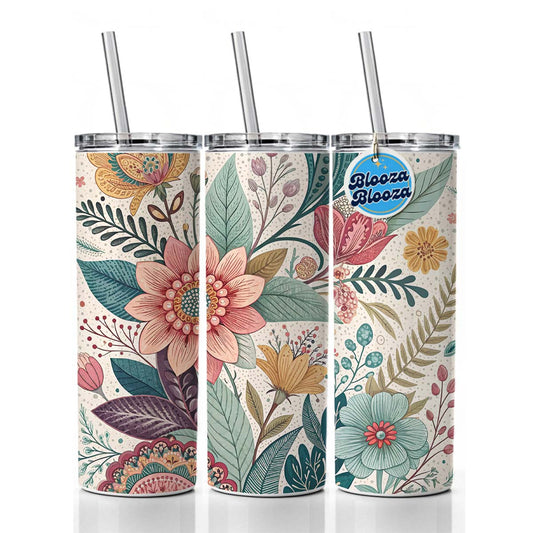Boho Pastel Floral Pattern Skinny Tumbler 20oz with Straw Insulated Water Bottle Gift