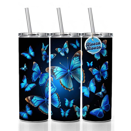 Bright Neon Blue Butterflies Skinny Tumbler 20oz with Straw Insulated Water Bottle Gift