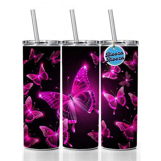 Bright Neon Pink Butterflies Skinny Tumbler 20oz with Straw Insulated Water Bottle Gift