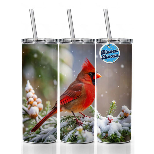 Cardinal In Winter Backyard Bird Skinny Tumbler 20oz with Straw Insulated Water Bottle Gift