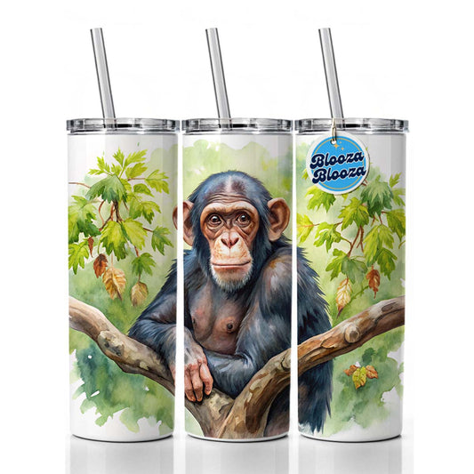 Chimpanzee Monkey In Tree Watercolor Skinny Tumbler 20oz with Straw Insulated Water Bottle Gift