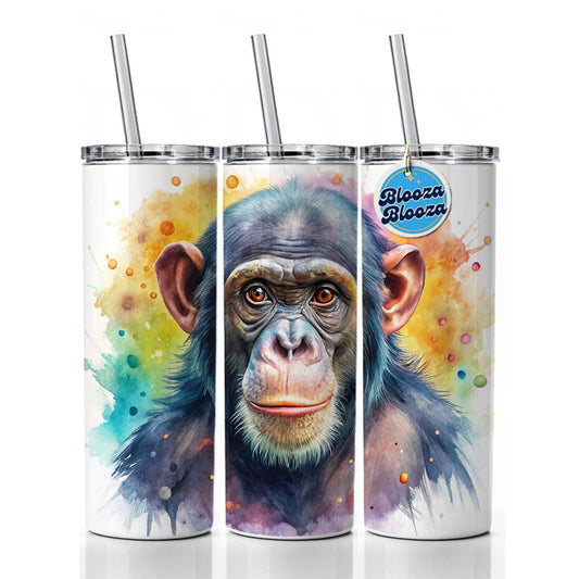Chimpanzee Monkey Watercolor Skinny Tumbler 20oz with Straw Insulated Water Bottle Gift