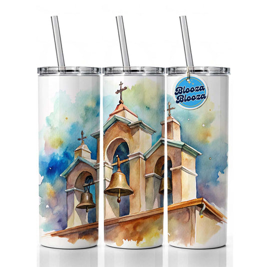Church Mission Bells Watercolor Skinny Tumbler 20oz with Straw Insulated Water Bottle Gift