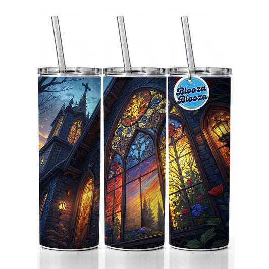 Church Stained Glass Windows at Night Skinny Tumbler 20oz with Straw Insulated Water Bottle Gift