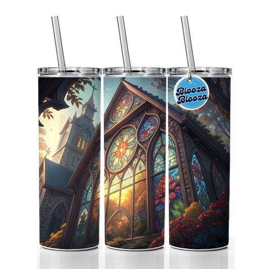 Church Stained Glass Windows Skinny Tumbler 20oz with Straw Insulated Water Bottle Gift