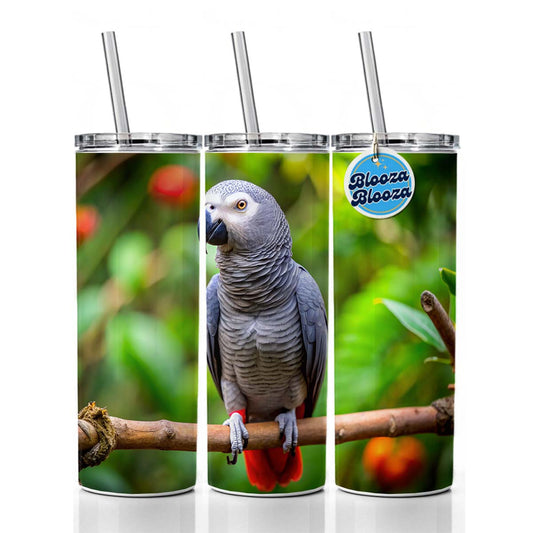 Congo African Grey Parrot Bird On Branch Skinny Tumbler 20oz with Straw Insulated Water Bottle Gift
