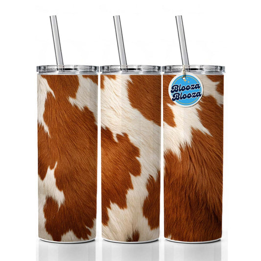 Cow Pattern Brown and White Skinny Tumbler 20oz with Straw Insulated Water Bottle Gift