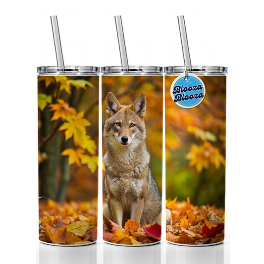 Coyote Sitting In The Fall Leaves Skinny Tumbler 20oz with Straw Insulated Water Bottle Gift