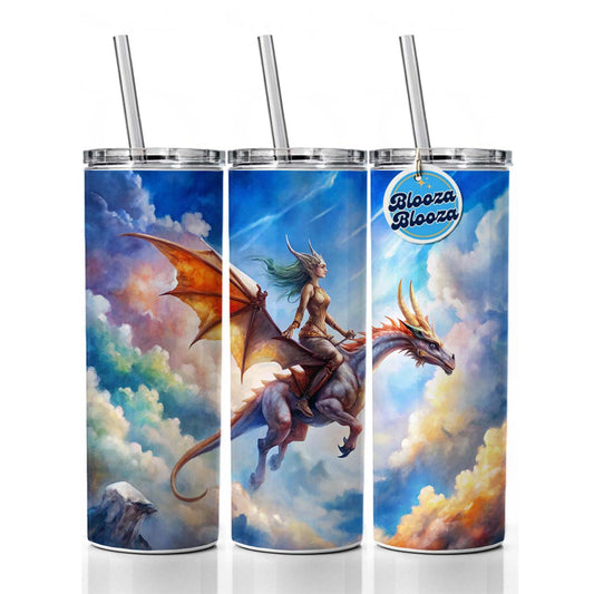 Dragon and Rider Flying Watercolor Skinny Tumbler 20oz with Straw Insulated Water Bottle Gift