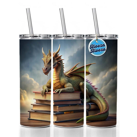Dragon Laying On Top Of Books Reading Skinny Tumbler 20oz with Straw Insulated Water Bottle Gift