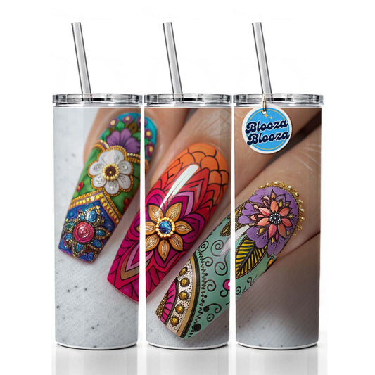 Elaborately Painted Decorated Finger Nails Skinny Tumbler 20oz with Straw Insulated Water Bottle Gift