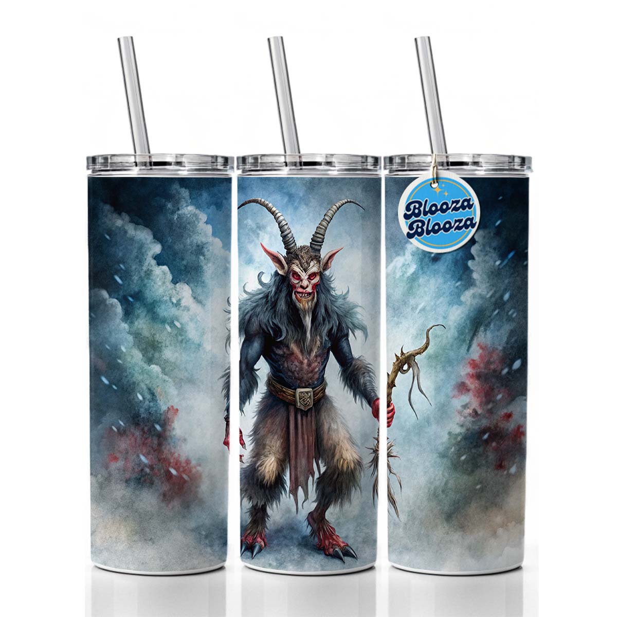 Evil Krampus Black Watercolor Christmas Skinny Tumbler 20oz with Straw Insulated Water Bottle Gift