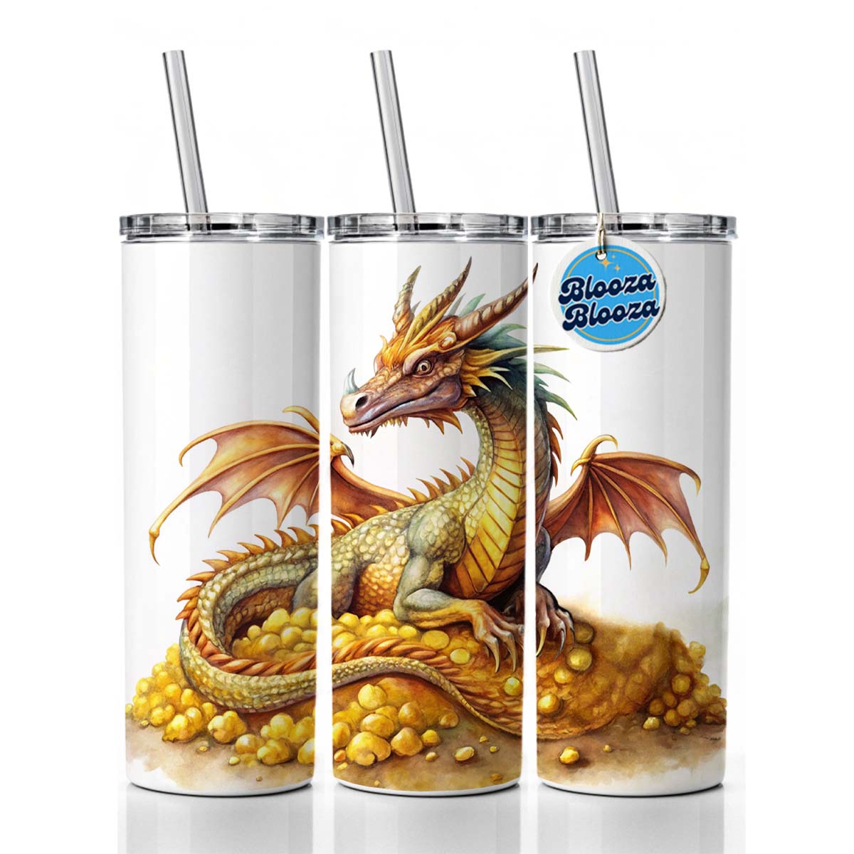 Fantasy Dragon and Gold Horde Watercolor Skinny Tumbler 20oz with Straw Insulated Water Bottle Gift