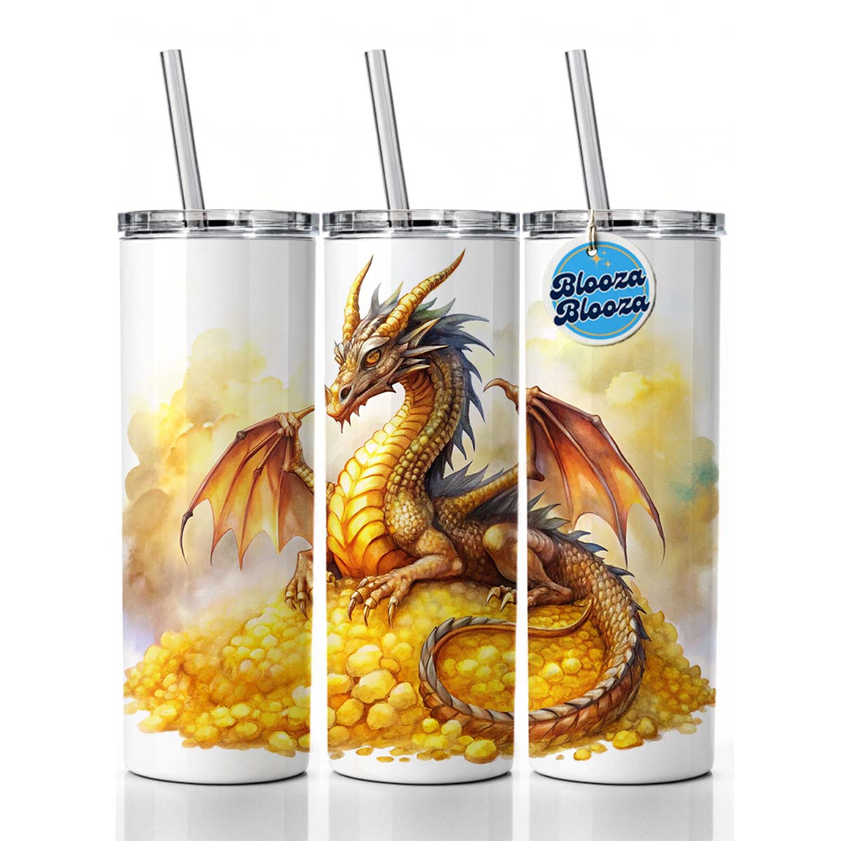 Fantasy Dragon Laying on Gold Watercolor Skinny Tumbler 20oz with Straw Insulated Water Bottle Gift